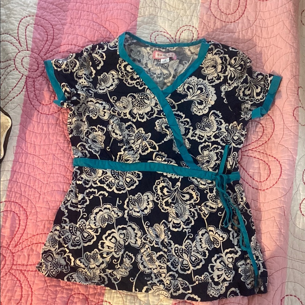 Koi Navy and Teal Floral Wrap Top